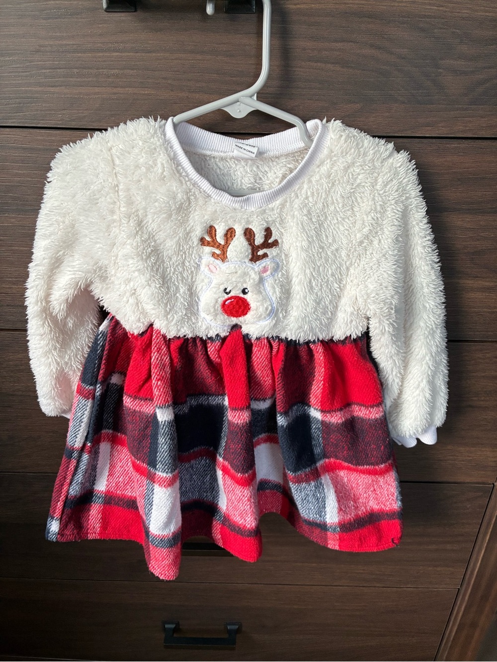 SHEIN White Fuzzy Reindeer Top with Red Plaid Skirt Dress